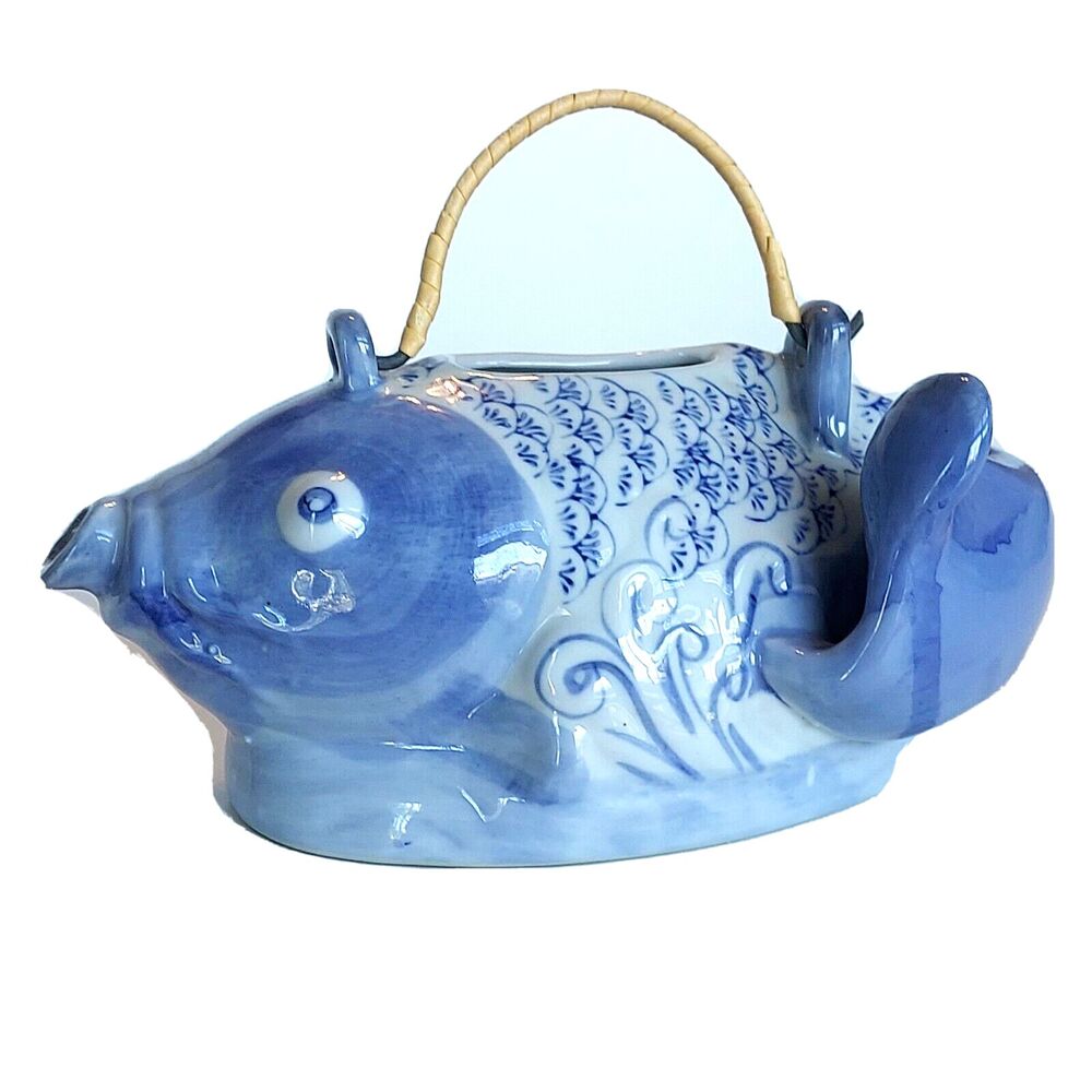 Lucky Koi Tea Pot Big Wave Handle Hand-painted Porcelain Ceramic Decorative
